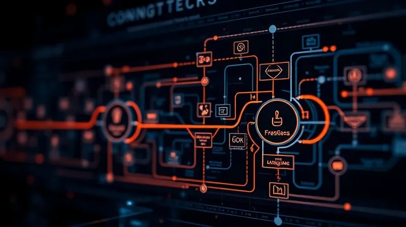 Photorealistic, professional photography, 8K, cinematic lighting, sharp focus, depth of field, shot on a high-end DSLR. A complex, interconnected flowchart diagram (digital, glowing lines) illustrating an automated sales funnel, with clear stages from lead capture to conversion, against a dark, tech-oriented background. The diagram should be vibrant and dynamic, showing data flowing.