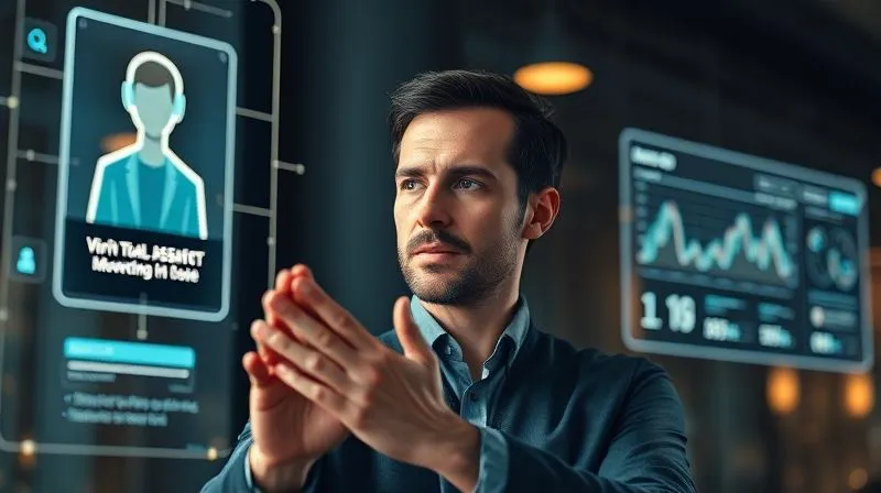 Photorealistic, professional photography, 8K, cinematic lighting, sharp focus, depth of field, shot on a high-end DSLR. A skilled professional interacting seamlessly with multiple glowing holographic interfaces, one showing a virtual assistant avatar, another displaying AI-generated text, and a third with data analytics, all indicating efficient delegation and technological leverage. The scene should convey advanced technology and effortless control.