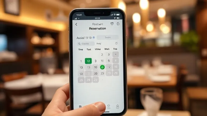 A photorealistic image of a sleek, modern smartphone screen displaying a restaurant's user-friendly online reservation interface. The calendar shows available dates and times clearly, with a green checkmark indicating a successful booking. In the background, subtly blurred, a cozy, inviting restaurant dining area with soft lighting. Sharp focus on the phone screen, depth of field, 8K hyper-detailed, professional photography.