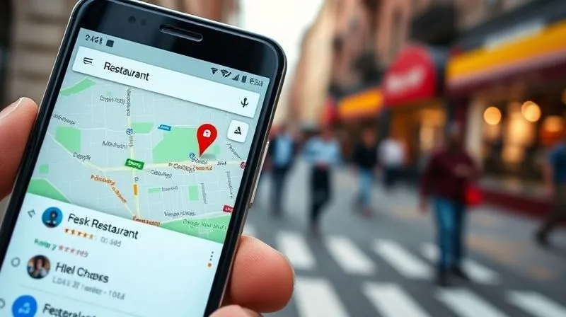 A photorealistic close-up of a smartphone screen displaying Google Maps with a prominent pin on a local restaurant. The search results show high ratings and a clear call to action for delivery or reservation. In the blurred background, a bustling city street. Cinematic lighting, sharp focus on the phone screen, depth of field, 8K hyper-detailed, professional photography.