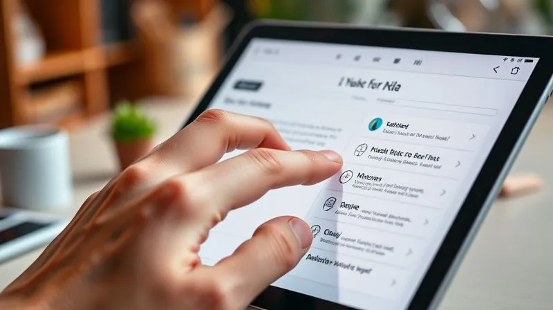 A photorealistic close-up of a hand navigating a sleek, modern website menu on a tablet, with clear, minimalist icons and text. The background is softly blurred, showing a creative workspace. Cinematic lighting, sharp focus on the menu, 8K hyper-detailed, depth of field, shot on a high-end DSLR.