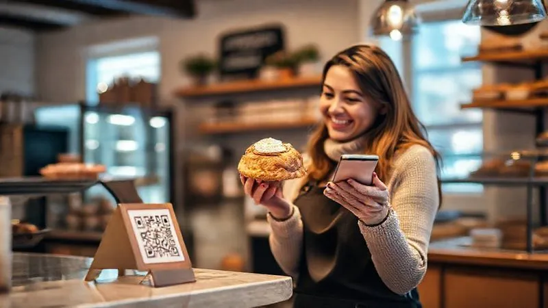A photorealistic image of a satisfied customer smiling, holding a freshly baked pastry from a charming local bakery, while scanning a QR code on a small, elegant sign on the counter with their smartphone. Soft, warm cinematic lighting highlights the interaction, sharp focus on the QR code and phone, depth of field blurring the bakery background, 8K hyper-detailed, professional photography.