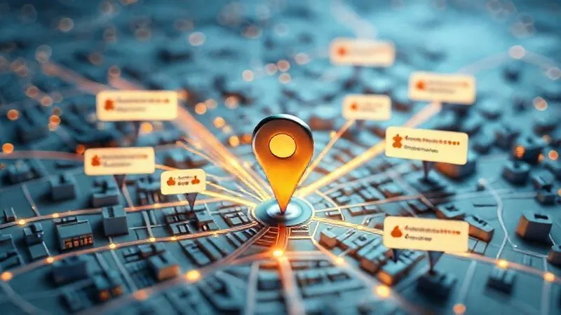 A photorealistic 3D map of a city neighborhood with multiple business pins. From a central, highly-rated business pin, glowing lines radiate outwards, connecting to various customer review speech bubbles containing relevant keywords like "best coffee," "fast service," and "local bakery." Cinematic lighting, sharp focus on the central pin and radiating lines, depth of field blurring distant parts of the map, 8K hyper-detailed, professional photography.