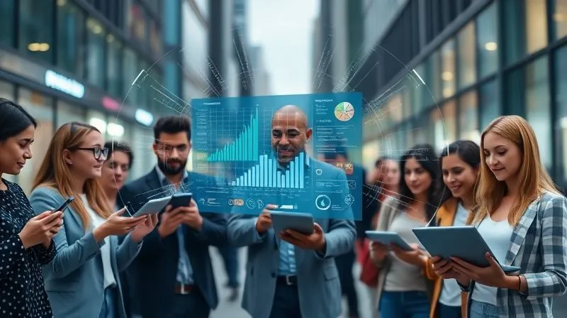 A photorealistic, professional photography of a diverse group of people, each holding a different device (smartphone, tablet, laptop) with radio waves emanating from them, converging onto a central holographic screen displaying various data points and analytics. Cinematic lighting, sharp focus on the devices and data, depth of field blurring a modern urban background. 8K hyper-detailed, shot on a high-end DSLR, symbolizing comprehensive data collection from multiple sources.