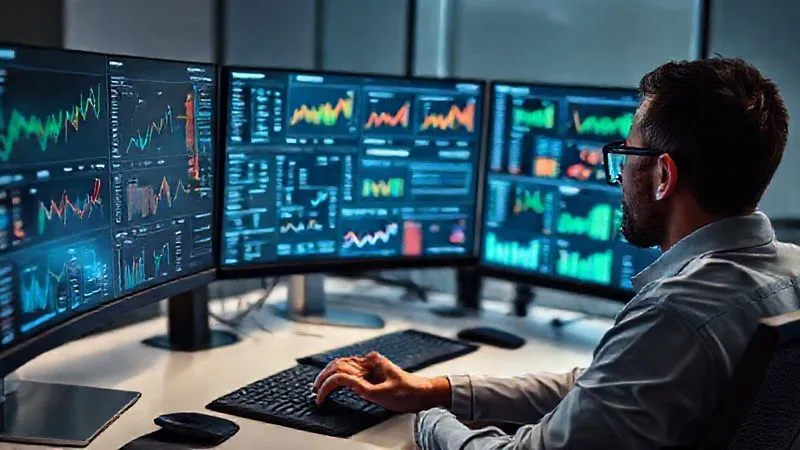 A photorealistic, professional photography of a focused content strategist working at a clean, modern desk. Multiple monitors display various data analytics dashboards and keyword research tools. A person is leaning slightly forward, with one hand on a mouse, deep in thought. The scene is illuminated with soft, cinematic lighting, emphasizing intellectual work and strategic planning. Sharp focus on the screen data, with a subtle depth of field. 8K hyper-detailed, shot on a high-end DSLR, conveying deep research and insight.