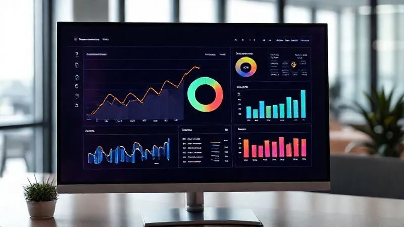 A photorealistic, professional photography of a digital dashboard displaying various data visualizations: a line graph showing increasing engagement, a pie chart of content types, and a bar chart of conversion rates. The screen is vibrant with analytical insights, set in a modern, subtly lit office environment. Sharp focus on the detailed graphs, with a soft depth of field. 8K hyper-detailed, shot on a high-end DSLR, conveying data-driven decision making and growth.
