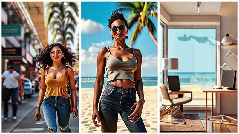 A vibrant and engaging social media carousel ad for a new clothing line, featuring three different photorealistic models (diverse ethnicities, body types) wearing the same stylish top in three distinct, aspirational lifestyle settings: a bustling city street, a serene beach, and a cozy home office. Each image has dynamic cinematic lighting and sharp focus, designed for high engagement on platforms like Instagram. 8K, professional photography, shot on a high-end DSLR.