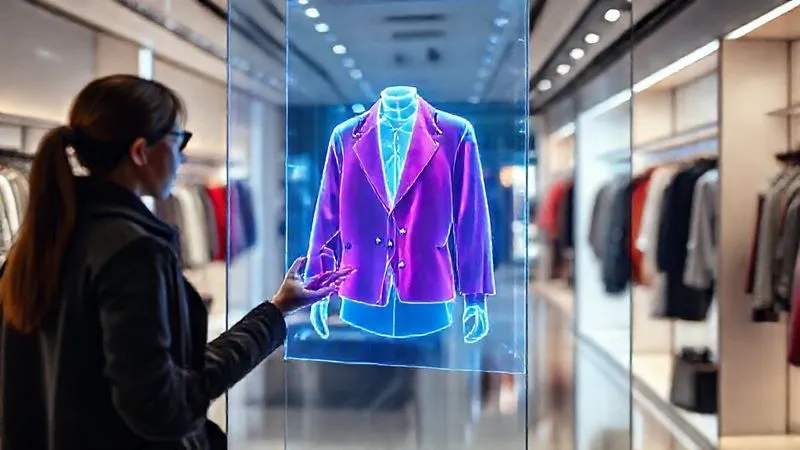 A futuristic fashion retail experience: a customer in a sleek, minimalist store interacting with a holographic display that projects a photorealistic 3D model of a clothing item onto their own reflection. The garment changes color and style in real-time based on voice commands. Cinematic lighting, sharp focus on the customer and hologram, depth of field blurring the background, 8K, professional photography, shot on a high-end DSLR.