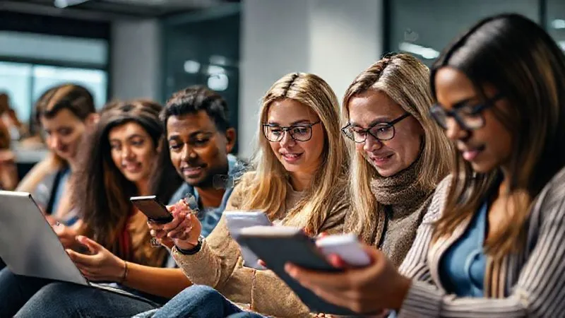 A photorealistic image of a diverse group of people actively engaging with digital content on various devices (laptops, tablets, smartphones), showing expressions of interest and focus. There are subtle graphical overlays indicating 'likes', 'shares', and 'comments', embodying the concept of high engagement. The lighting is bright and inviting, 8K, cinematic lighting, sharp focus, depth of field.