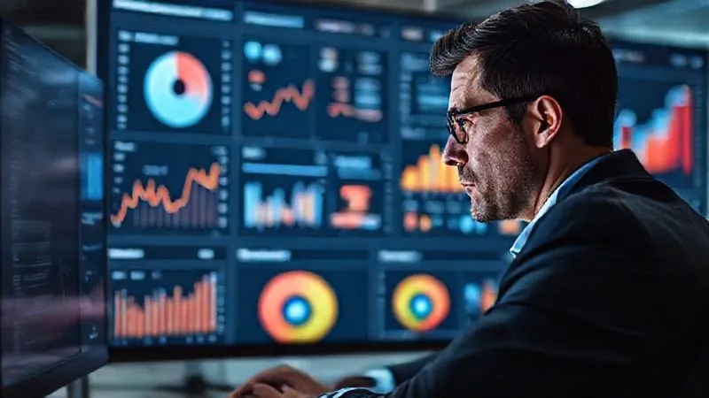 A photorealistic image of a business person meticulously analyzing a multi-channel marketing dashboard on a large screen, with various graphs and figures for different platforms like Facebook, Google, and email. The person's expression is thoughtful and focused, surrounded by a high-tech office environment, 8K, cinematic lighting, sharp focus, depth of field.