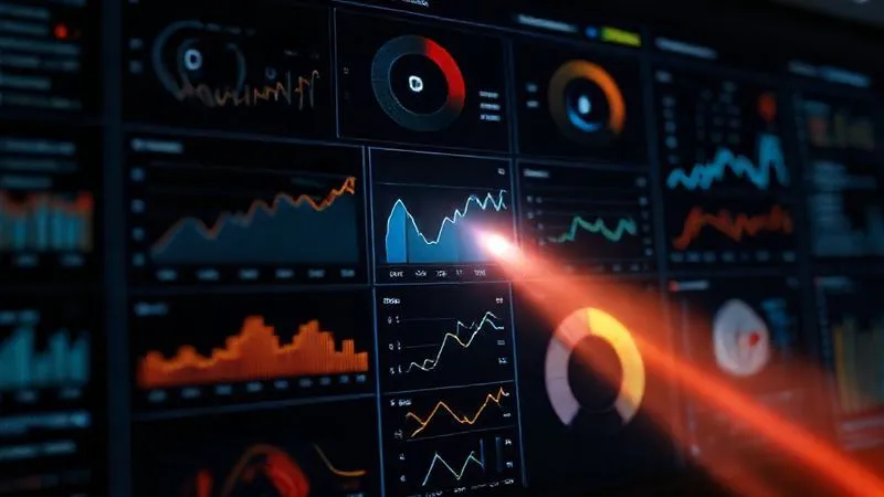 A photorealistic image of a digital dashboard displaying various metrics, with one section highlighted and zoomed in by a focused beam of light, symbolizing the distinction between vanity metrics and actionable insights. Cinematic lighting, 8K, sharp focus on the highlighted actionable metric, professional photography.
