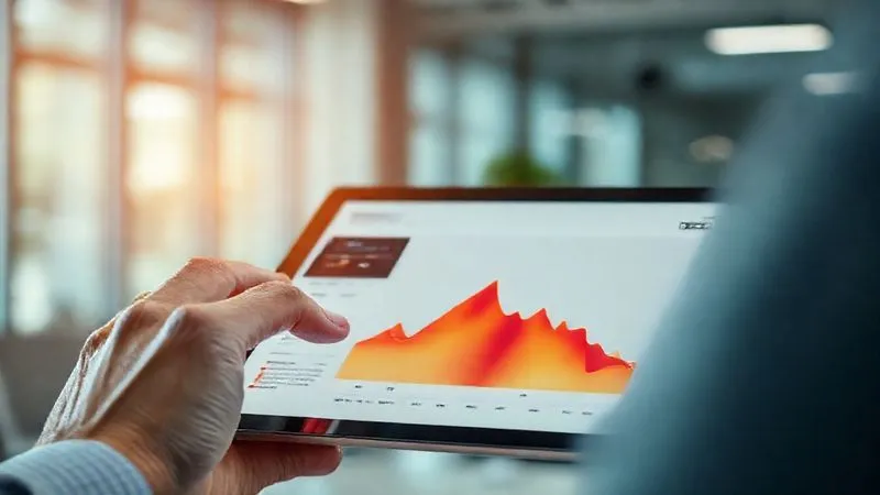 A photorealistic, professional photography, 8K, cinematic lighting, sharp focus, depth of field, shot on a high-end DSLR, of a person's hand interacting with a tablet displaying a heat map of a landing page, with bright red areas indicating high user interaction. The scene is in a modern, well-lit office, emphasizing data analysis and user experience.