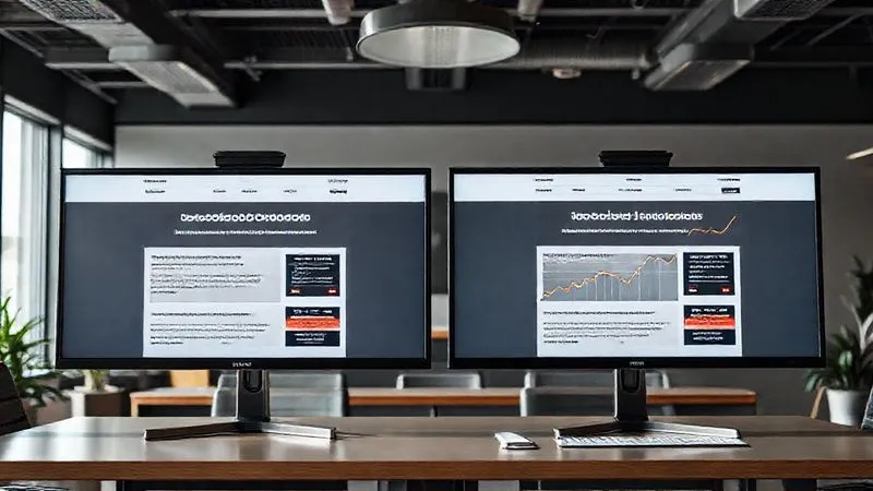 A photorealistic image of two distinct versions of a landing page displayed side-by-side on large monitors in a modern office, with a graph showing one version clearly outperforming the other in conversion rates. Cinematic lighting, 8K, sharp focus on the comparison, professional photography, symbolizing A/B testing success.