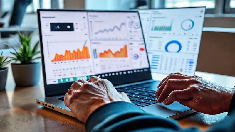 A photorealistic, professional photography, 8K, cinematic lighting, sharp focus, depth of field, shot on a high-end DSLR, of a person's hands typing on a laptop keyboard, with various analytics dashboards (Google Analytics, Hotjar, CRM) open on the screen, symbolizing the use of diverse tools for comprehensive data analysis. The scene is a modern, clean workspace.