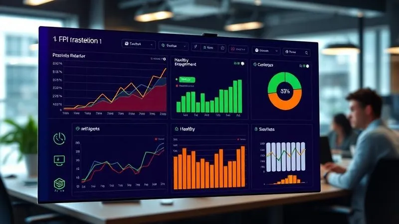 A photorealistic image of a vibrant, multi-layered dashboard displaying key performance indicators (KPIs) for customer retention, with line graphs showing positive trends, bar charts indicating high engagement, and a prominent green 'Healthy' status for customer segments, cinematic lighting, sharp focus on the central dashboard, depth of field blurring office workers in the background, 8K hyper-detailed, professional photography.