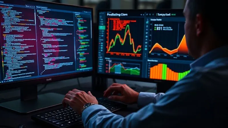 A photorealistic image of a data scientist working on multiple screens, one displaying complex machine learning algorithms and code, another showing a predictive churn model with color-coded customer segments (red for high risk, green for low risk), cinematic lighting, sharp focus on the data scientist's hands and screens, depth of field blurring the background, 8K hyper-detailed, professional photography.