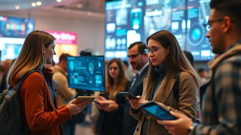A photorealistic image of a diverse group of customers interacting with a personalized digital experience, each screen showing content tailored to individual preferences, with data points flowing seamlessly in the background, cinematic lighting, sharp focus on the engaging interfaces, depth of field blurring the surrounding environment, 8K hyper-detailed, professional photography.