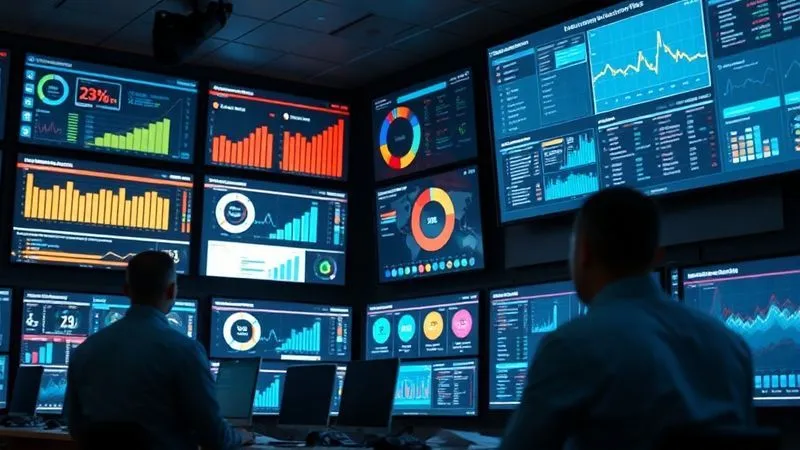 A photorealistic image of a modern control room filled with large screens displaying various data analytics tools, including CRM dashboards, BI visualizations, and marketing automation platforms, all interconnected and showing real-time customer data, cinematic lighting, sharp focus on the glowing screens, depth of field blurring the technical staff, 8K hyper-detailed, professional photography.