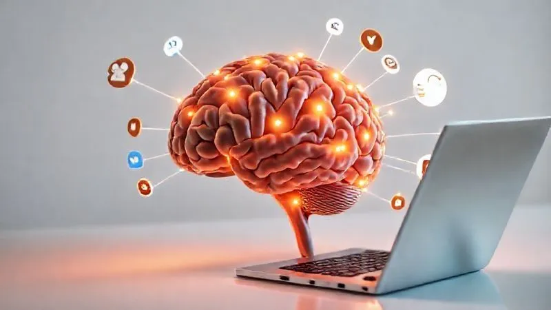 A photorealistic image of a digital brain with glowing nodes, representing knowledge and insights, emitting lines connecting to various social media icons. The brain is on a clean, minimalist desk with a laptop open, cinematic lighting, sharp focus on the brain, depth of field. 8K, professional photography, shot on a high-end DSLR.