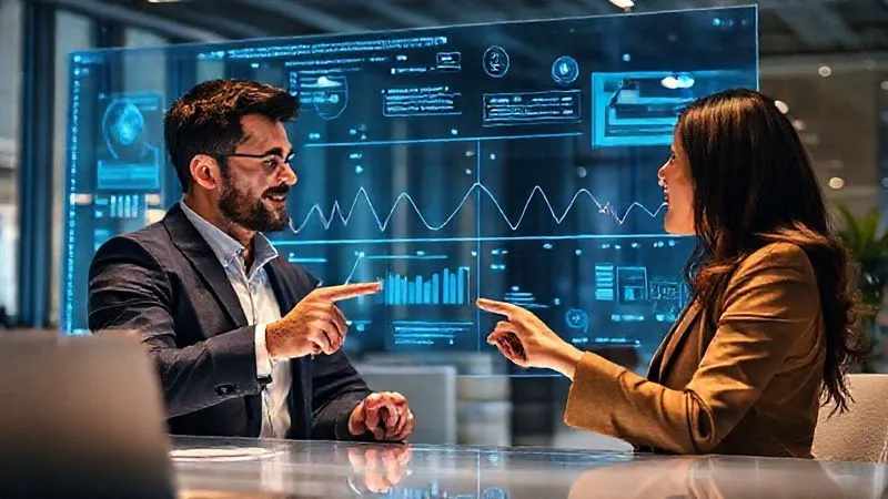 A photorealistic image of two diverse professionals (one male, one female) in a modern, brightly lit co-working space, collaborating on a large holographic screen displaying interconnected digital graphs and project timelines. They are pointing and discussing with engaged expressions, symbolizing successful digital collaboration. Cinematic lighting, sharp focus, depth of field. 8K, professional photography, shot on a high-end DSLR.