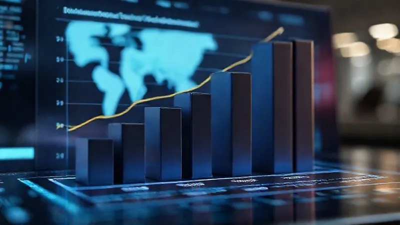 A photorealistic 3D bar chart showing significant growth in 'Leads from Networking' and 'Partnerships Formed' over quarters, with a clear upward trend. The chart is clean, modern, and presented on a digital interface, with cinematic lighting highlighting the growth bars, sharp focus on the data, depth of field. 8K, professional photography, shot on a high-end DSLR.