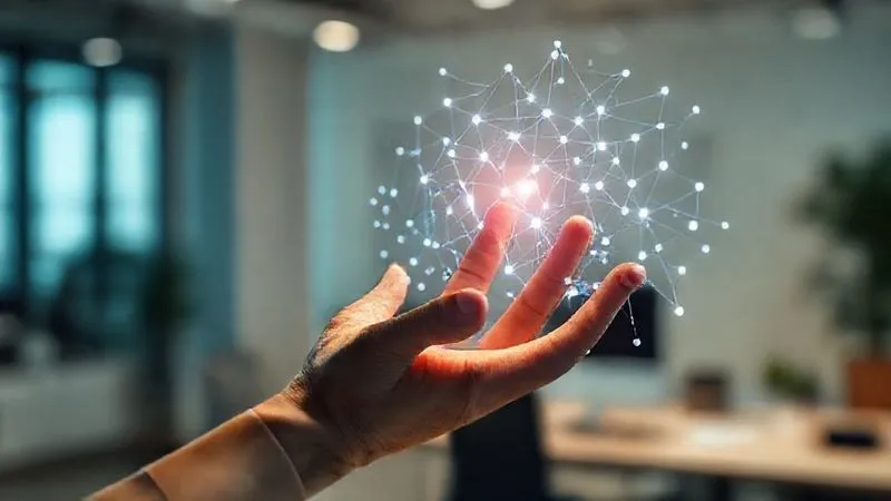 A photorealistic image of a human hand gently touching a holographic representation of a complex digital network, symbolizing human connection and authenticity in the digital age. The background is a soft, blurred office environment. Cinematic lighting, sharp focus on the hand and hologram, depth of field. 8K, professional photography, shot on a high-end DSLR.