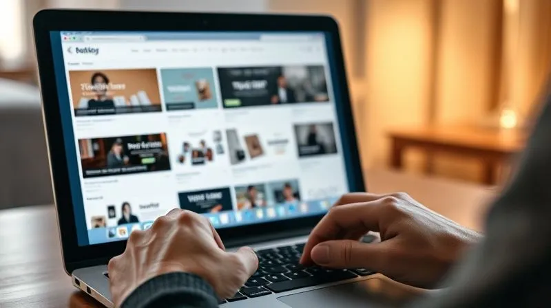 Photorealistic image of a person's hands hovering over a laptop keyboard, researching various WordPress e-commerce templates on a screen, with a thoughtful expression. The screen displays multiple clean, modern website layouts, cinematic lighting, sharp focus on hands and screen, depth of field blurring the background. 8K hyper-detailed.