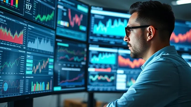 Photorealistic image of a person analyzing complex data on multiple screens, showing various graphs and charts related to website traffic, sales funnels, and conversion rates. The room is modern and clean, with cinematic lighting highlighting the focused expression of the person. Sharp focus on the data, depth of field blurring the background. 8K hyper-detailed.