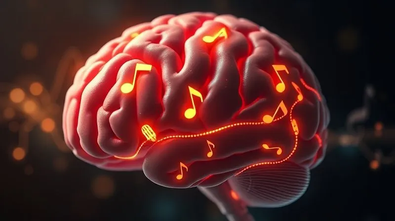 A photorealistic image of a human brain with subtle glowing musical notes and sound waves flowing through its neural pathways, symbolizing emotional connection and memory formation through audio. Cinematic lighting, sharp focus on the brain, depth of field, 8K hyper-detailed, professional photography.