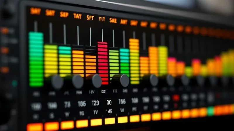 A photorealistic image of a sound equalizer with different frequency bands being adjusted, showing a metaphorical representation of sound personalization and segmentation. Each band has a distinct color, indicating different audio profiles. Cinematic lighting, sharp focus, depth of field, 8K hyper-detailed, professional photography.