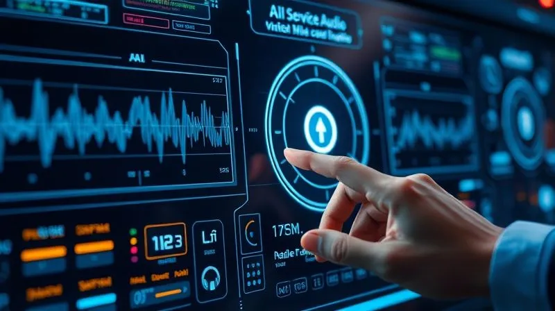 A photorealistic image of a futuristic control panel with holographic interfaces displaying sound waves and data points, representing AI-driven audio personalization for online radio. A human hand subtly interacts with the interface, showing advanced technology being controlled. Cinematic lighting, sharp focus, depth of field, 8K hyper-detailed, professional photography.