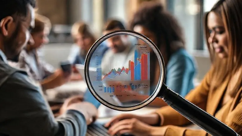 A photorealistic image of a diverse group of people, representing different demographics, engaged in various digital activities on laptops and smartphones, with data visualizations subtly overlaid. A magnifying glass hovers over a specific segment of the data, highlighting a niche market. Cinematic lighting, sharp focus on the details of the data and faces, depth of field, 8K hyper-detailed, shot on a high-end DSLR.