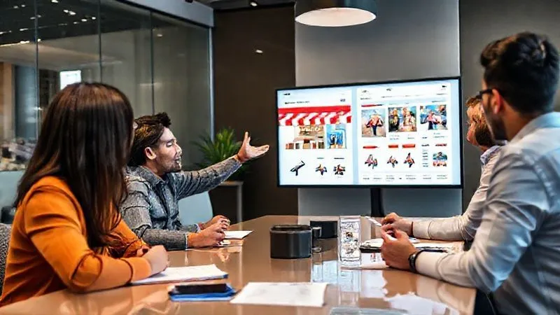 A photorealistic image of a diverse group of people sitting around a modern conference table, engaged in a lively discussion. One person is gesturing towards a large screen displaying a user interface mockup of an e-commerce store, while others are taking notes and offering feedback. The atmosphere is collaborative and focused. Cinematic lighting, sharp focus on the individuals and the screen, depth of field, 8K hyper-detailed, shot on a high-end DSLR.