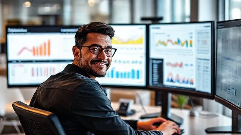 A photorealistic image of an expert digital marketer (diverse, mid-30s) sitting in front of a multi-monitor setup in a sleek, modern office. Each screen displays different analytics dashboards: Google Analytics, SEMrush, Google Trends, and a social media engagement tracker. The person is focused, with a slight smile, suggesting successful data interpretation. Cinematic lighting, sharp focus on the person and screens, depth of field blurring the office background. 8K hyper-detailed, professional photography.