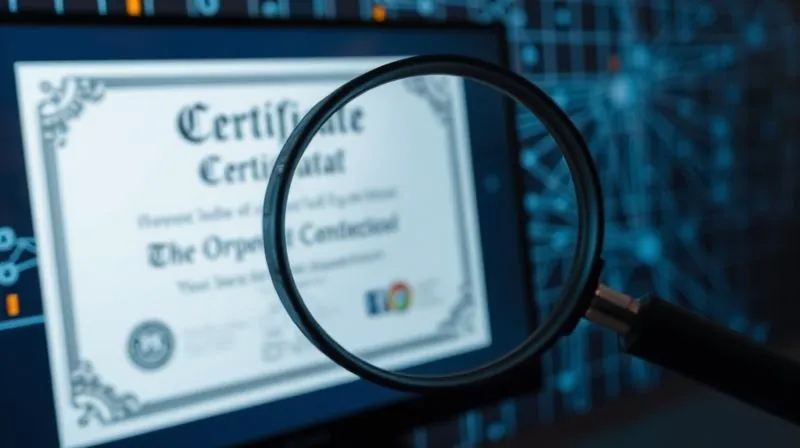 A photorealistic image of a digital certificate on a screen, with a magnifying glass hovering over it, revealing subtle imperfections and signs of tampering. The background shows a chaotic network of data, emphasizing digital fraud. Cinematic lighting, sharp focus on the certificate and magnifying glass, depth of field. 8K hyper-detailed, professional photography. The feeling should be one of suspicion and the need for scrutiny.