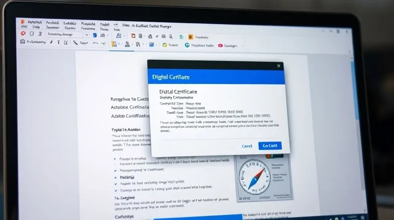 A photorealistic image of a computer screen showing Adobe Acrobat Reader with a digital certificate open. A highlighted blue bar at the top indicates a valid digital signature, and a pop-up window displays detailed cryptographic information about the signer and the certifying authority. Cinematic lighting, sharp focus on the screen and details, depth of field. 8K hyper-detailed, professional photography. The feeling should be one of meticulous verification and digital security.