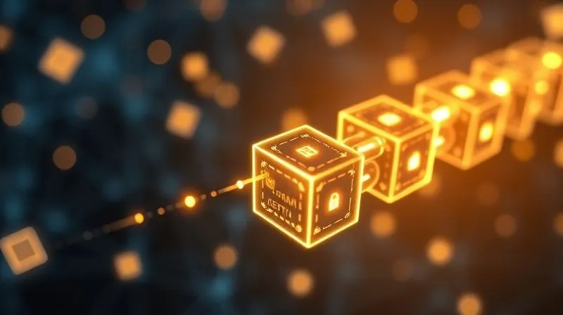 A photorealistic and abstract image representing blockchain technology. Interconnected glowing blocks forming a secure, immutable chain, with digital certificates flowing through them as data. Cinematic lighting, sharp focus on the glowing blocks, depth of field blurring the background into a complex network. 8K hyper-detailed, professional photography. The feeling should be one of advanced security, trust, and interconnectedness.