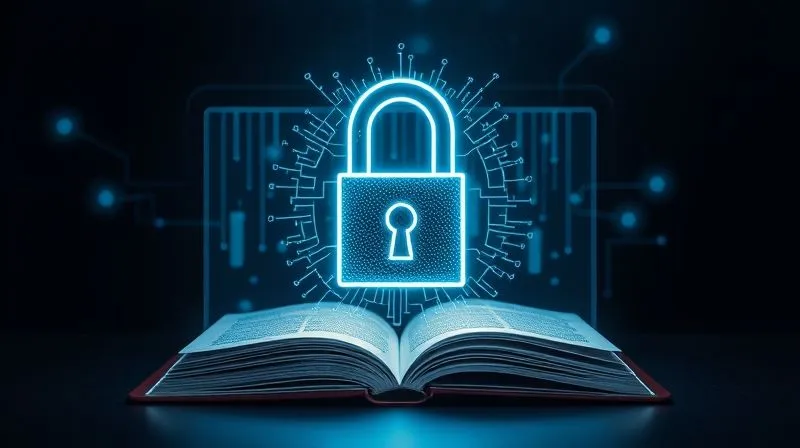 A photorealistic image of a secure, encrypted digital padlock icon superimposed over a stylized representation of a laptop and open book, with data streams flowing around them, signifying digital education security. Professional photography, 8K, cinematic lighting, sharp focus, depth of field, shot on a high-end DSLR, with a serious and trustworthy mood.