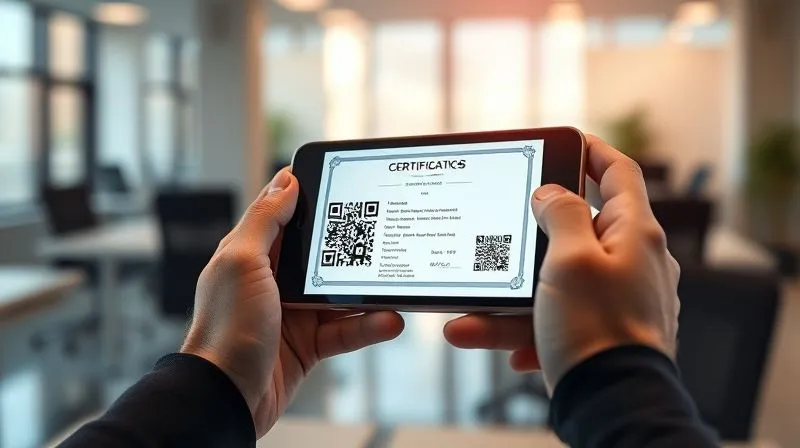 A photorealistic image of a person's hands holding a smartphone, scanning a QR code on a digital certificate displayed on a tablet screen. The background shows a modern, bright office environment, emphasizing technology and verification. Professional photography, 8K, cinematic lighting, sharp focus, depth of field, shot on a high-end DSLR, with a clear and functional aesthetic.