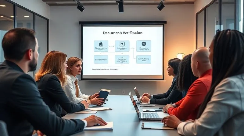 A photorealistic, professional photography, 8K, cinematic lighting, sharp focus, depth of field, shot on a high-end DSLR, showing a group of diverse professionals in a modern office setting, engaged in a training session about digital security and document verification, with a projector screen displaying a flowchart of validation steps. The mood is collaborative and educational.
