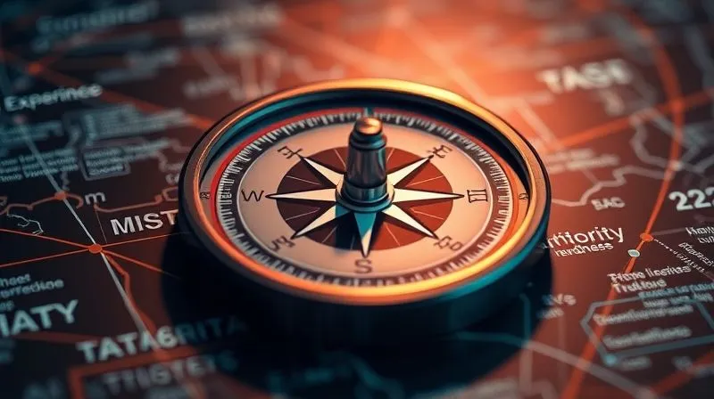 A photorealistic image of a compass pointing to different cardinal directions labeled 'Experience', 'Expertise', 'Authority', 'Trustworthiness' on a digital map, with blurred code lines in the background. Cinematic lighting, sharp focus on the compass, depth of field blurring the background, 8K hyper-detailed, professional photography, shot on a high-end DSLR.