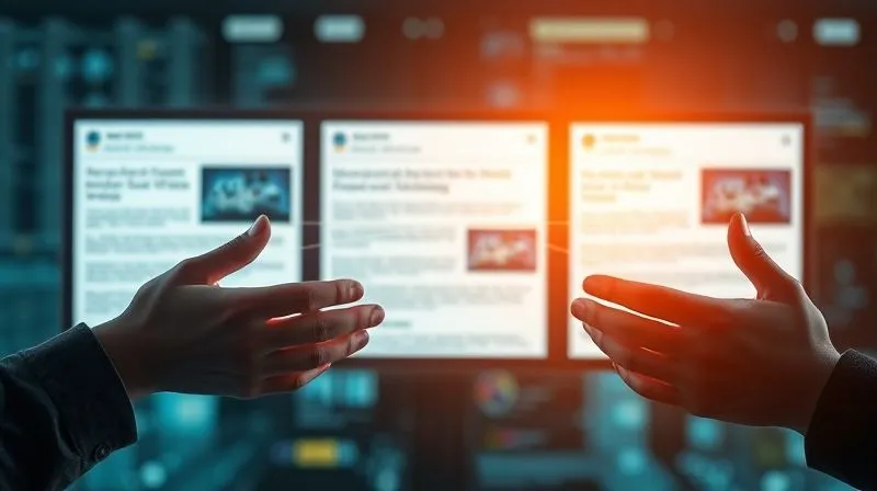 A photorealistic image of three glowing digital screens, each displaying a different news article about the same tech topic, but with slight variations. A pair of hands is reaching out to compare information, with lines connecting key facts across screens. Cinematic lighting, sharp focus on the screens and hands, depth of field blurring the background, 8K hyper-detailed, professional photography, shot on a high-end DSLR.