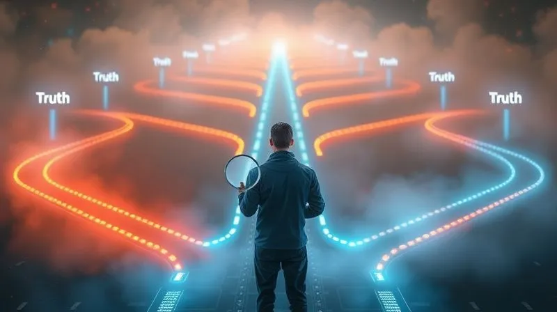 A photorealistic image of a person standing at a digital crossroads, with multiple glowing pathways leading in different directions, some illuminated by truth, others shrouded in digital fog. The person holds a magnifying glass, looking critically. Cinematic lighting, sharp focus on the person, depth of field blurring the background, 8K hyper-detailed, professional photography, shot on a high-end DSLR.