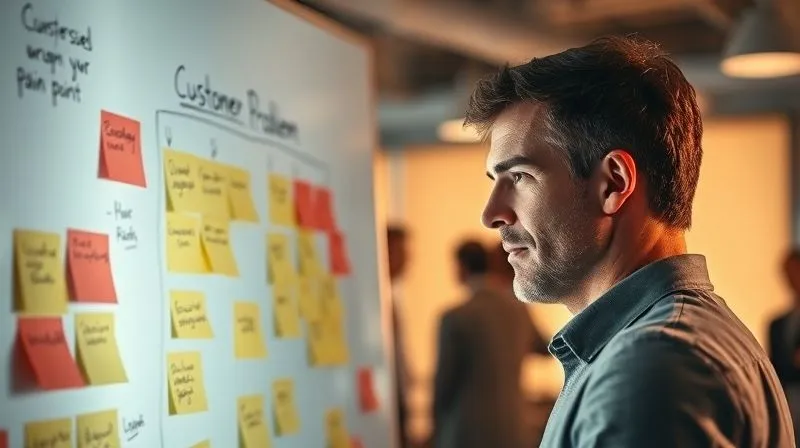 Photorealistic, professional photography, 8K, cinematic lighting, sharp focus, depth of field, shot on a high-end DSLR. A person with a thoughtful expression is meticulously analyzing a whiteboard filled with sticky notes, each representing a customer problem or pain point. The whiteboard is brightly lit, while the background is softly blurred, showing silhouettes of people in a collaborative workspace. The mood is focused and problem-solving oriented.