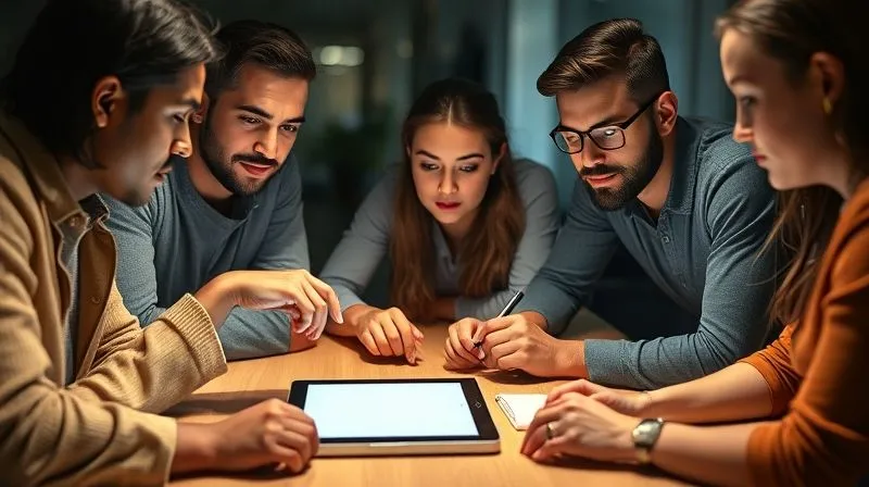 Photorealistic, professional photography, 8K, cinematic lighting, sharp focus, depth of field, shot on a high-end DSLR. A diverse group of young entrepreneurs is gathered around a table, intensely focused on a tablet displaying a sleek, minimalist app prototype. One person is pointing at the screen, another is taking notes, and a third is observing their reactions. The atmosphere is collaborative and innovative, with soft light illuminating their faces.