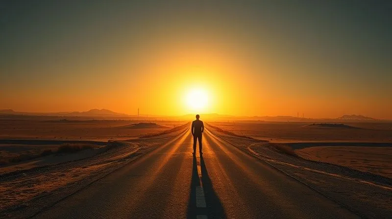 Photorealistic, professional photography, 8K, cinematic lighting, sharp focus, depth of field, shot on a high-end DSLR. A single figure stands at a crossroads in a desert landscape, looking at two distinct paths, one leading towards a bright, prosperous city and the other towards a dark, uncertain horizon. The sun is setting, casting long shadows, symbolizing a critical decision point. The mood is contemplative and decisive.