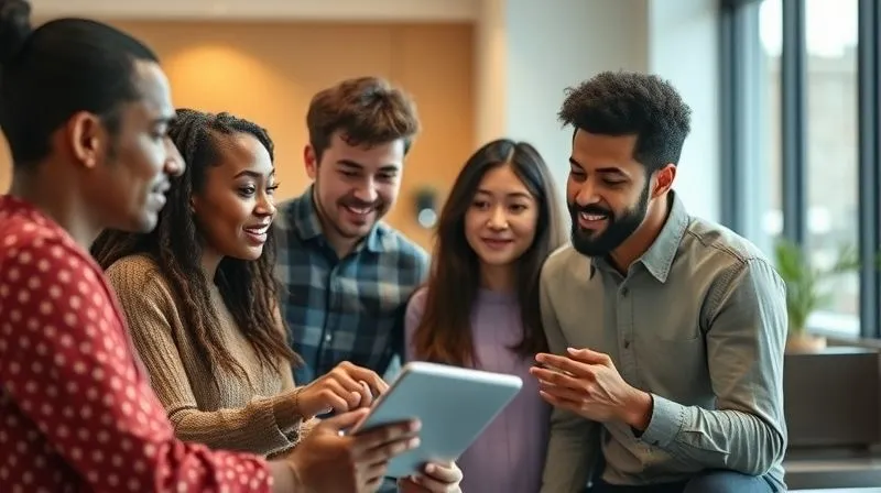 A photorealistic image of a diverse group of people (representing personas) engaged in a focus group discussion, with one person actively taking notes on a tablet. The setting is bright and collaborative, with subtle digital elements in the background suggesting online learning. Cinematic lighting, sharp focus on the group, depth of field. 8K hyper-detailed, professional photography, shot on a high-end DSLR.