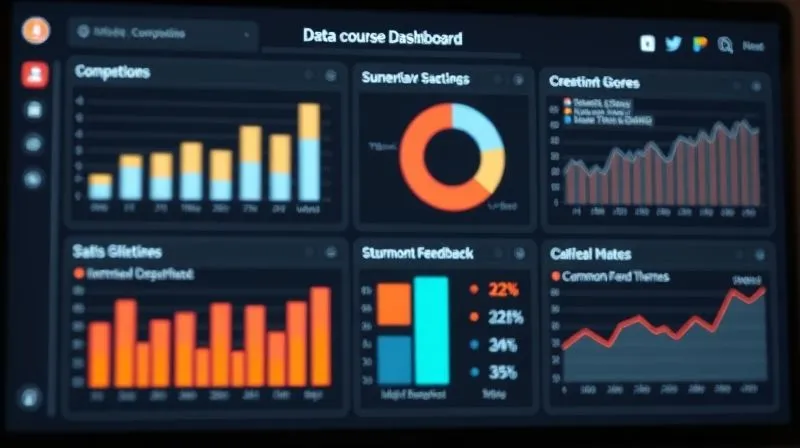 A photorealistic image of a data dashboard displaying various metrics related to online course engagement and student feedback. Bar charts, pie charts, and line graphs show completion rates, satisfaction scores, and common feedback themes. The interface is clean and modern, with a sharp focus on the data visualization. Cinematic lighting, depth of field. 8K hyper-detailed, professional photography, shot on a high-end DSLR.