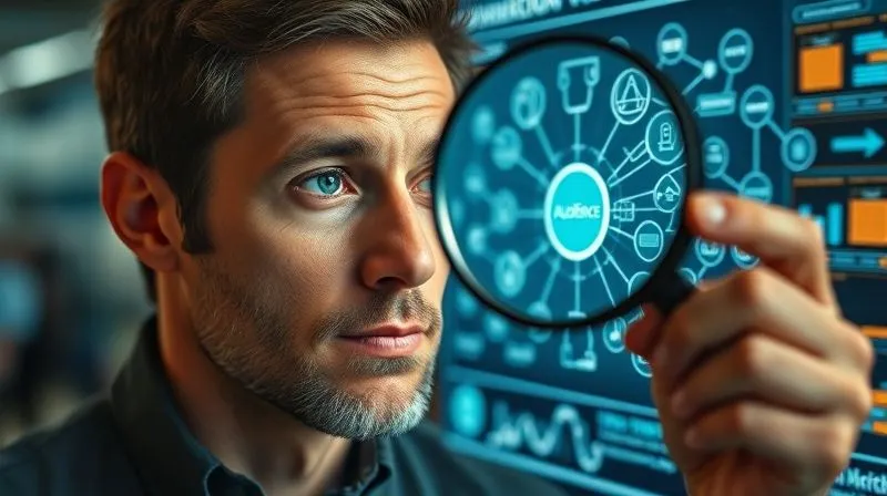 A photorealistic image of a person with a thoughtful expression, using a magnifying glass to examine a complex web of interconnected problems and solutions on a digital interface, representing audience pain points and market gaps. Cinematic lighting, sharp focus on the person's face and the digital screen, depth of field blurring the background, 8K hyper-detailed, professional photography.