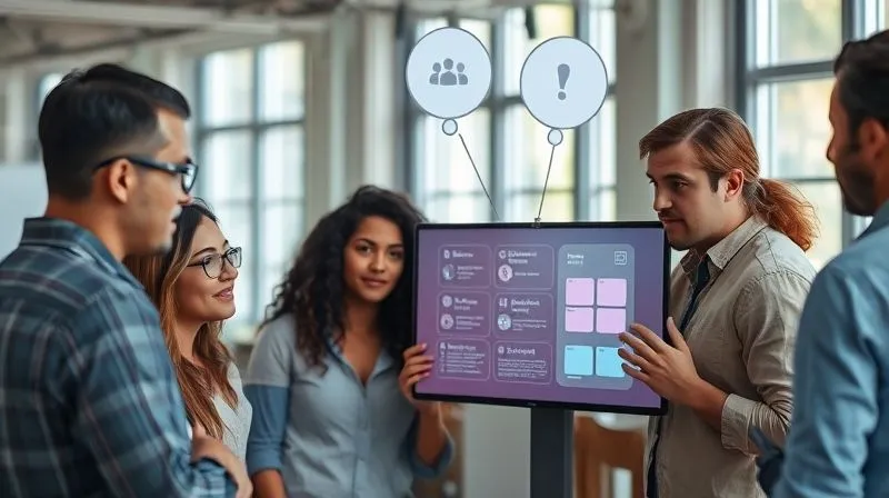 A photorealistic image of a diverse group of people engaged in a focused discussion, looking at a digital prototype on a screen, with thought bubbles and feedback symbols around them. The setting is a modern, collaborative workspace with natural light. Cinematic lighting, sharp focus on the group and the screen, depth of field blurring the background, 8K hyper-detailed, professional photography.